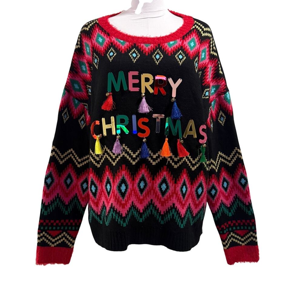 Ugly Merry Christmas Sweater 3D Embellished Tassels XL Novelty Festive Holiday